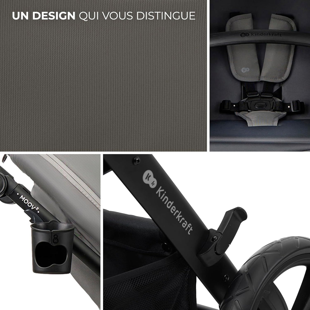 Kinderkraft MOOV2 Poussette 3 en 1, Système de voyage de la naissance à 27 kg, Siège auto Mink PRO I-Size inclus, Capote extensible avec filtre UPF50+, Accessoires pratiques, Gris