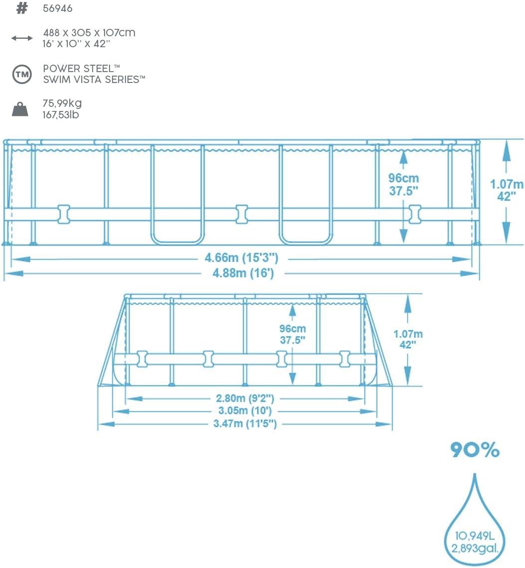 Bestway 56946 Piscine Power Steel? Swim Vista ovale 488 x 305 x 107 cm motif rotin avec hublots, filtration à sable, échelle, bache et diffuseur Chemconnect?