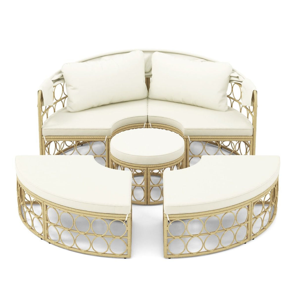 Lit de Repos Rond pour Patio avec Auvent Rétractable Ensemble de Siège Sectionnels Séparés en Rotin PE avec Coussins Doux Blanc