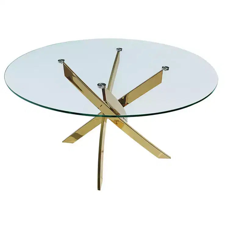 HomeRoots 54 Clear and Gold Glass and Metal Cross Leg Base Round Top Dining Table