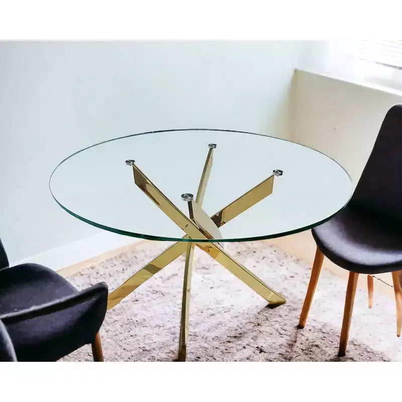 HomeRoots 54 Clear and Gold Glass and Metal Cross Leg Base Round Top Dining Table