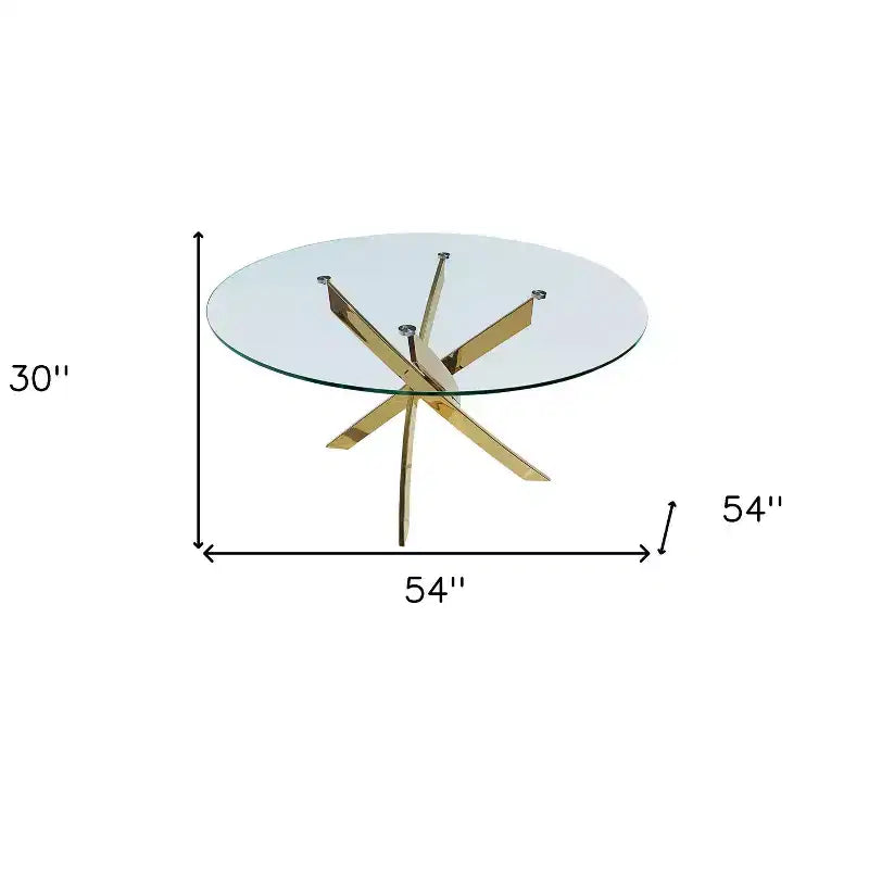 HomeRoots 54 Clear and Gold Glass and Metal Cross Leg Base Round Top Dining Table