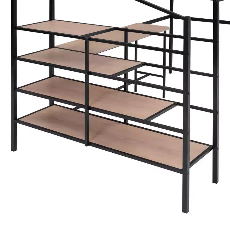 High Full Size Loft Bed with Stairs, Metal Loft Bed with Desk, Full Loft Bed Frame with Lateral Storage Ladder