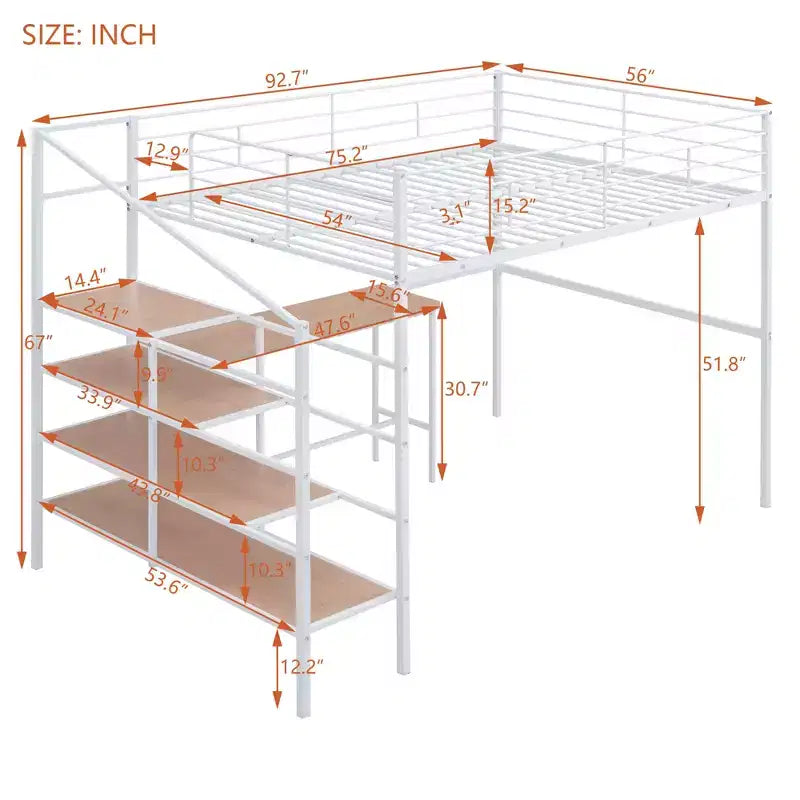 High Full Size Loft Bed with Stairs, Metal Loft Bed with Desk, Full Loft Bed Frame with Lateral Storage Ladder