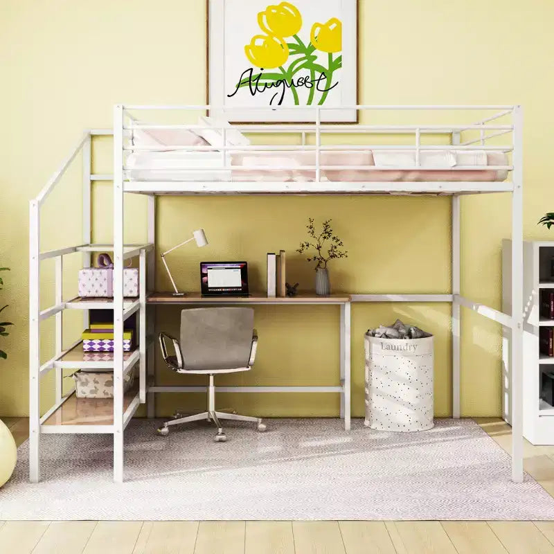 High Full Size Loft Bed with Stairs, Metal Loft Bed with Desk, Full Loft Bed Frame with Lateral Storage Ladder
