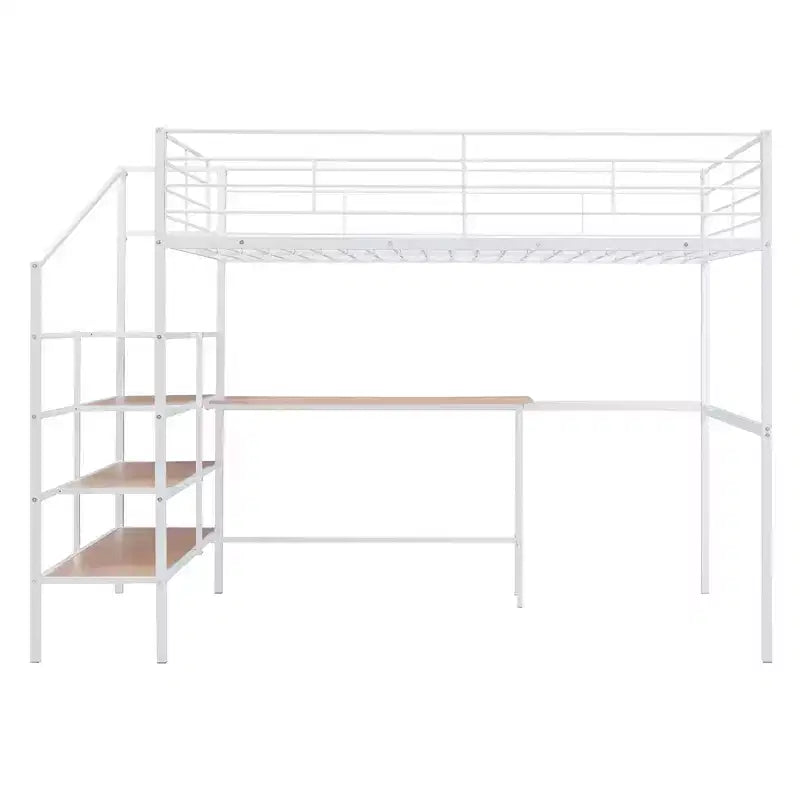 High Full Size Loft Bed with Stairs, Metal Loft Bed with Desk, Full Loft Bed Frame with Lateral Storage Ladder