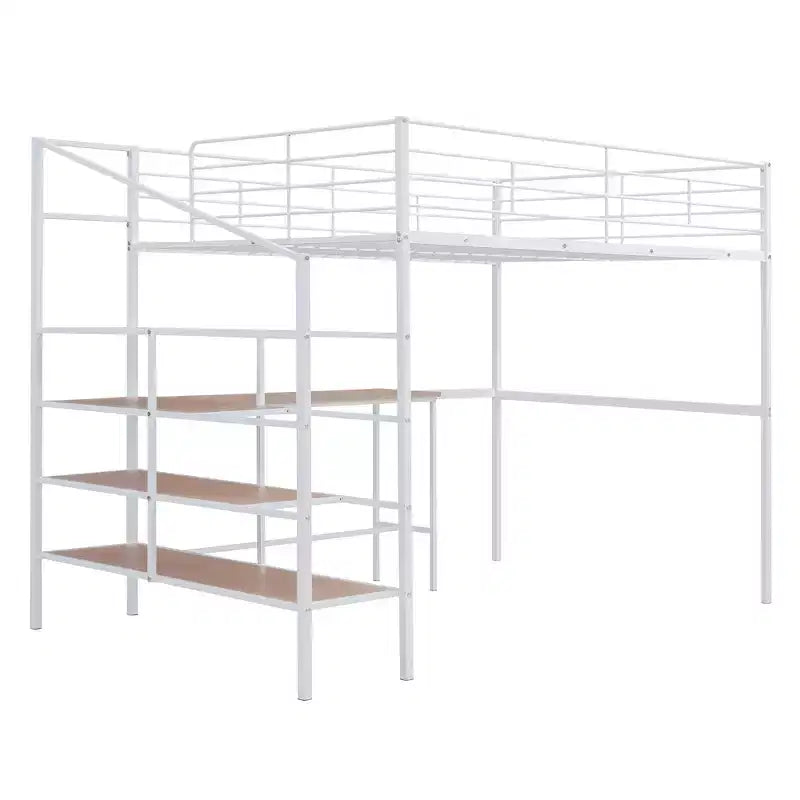 High Full Size Loft Bed with Stairs, Metal Loft Bed with Desk, Full Loft Bed Frame with Lateral Storage Ladder