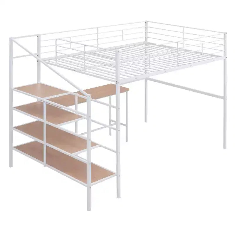 High Full Size Loft Bed with Stairs, Metal Loft Bed with Desk, Full Loft Bed Frame with Lateral Storage Ladder