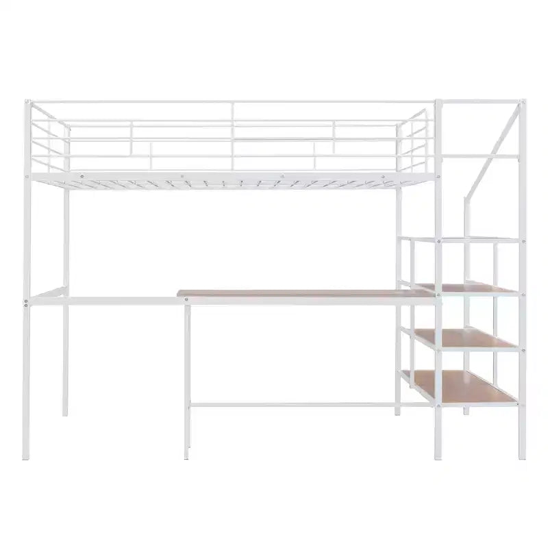 High Full Size Loft Bed with Stairs, Metal Loft Bed with Desk, Full Loft Bed Frame with Lateral Storage Ladder