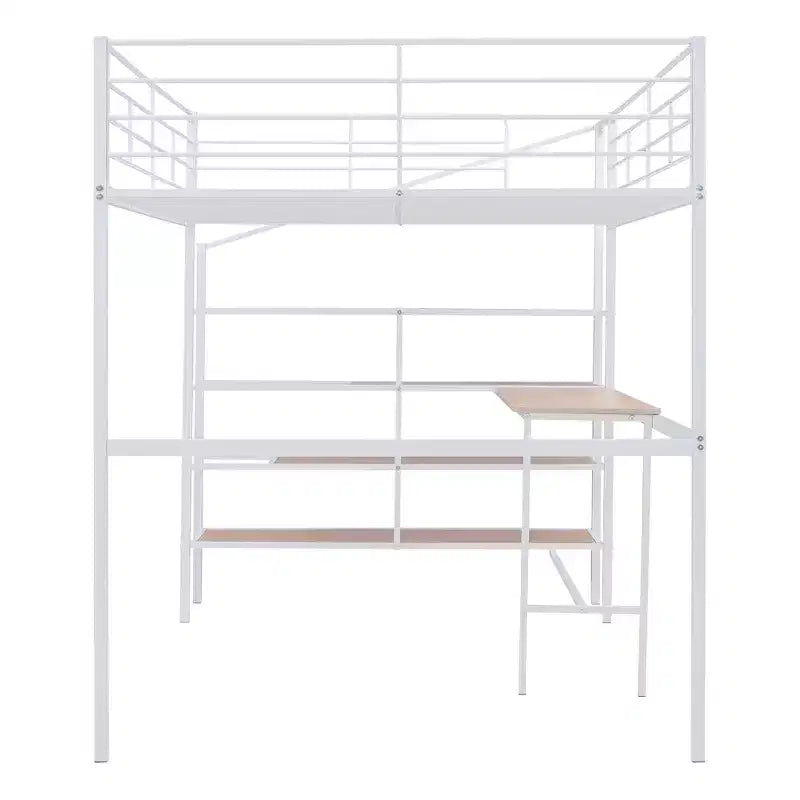 High Full Size Loft Bed with Stairs, Metal Loft Bed with Desk, Full Loft Bed Frame with Lateral Storage Ladder