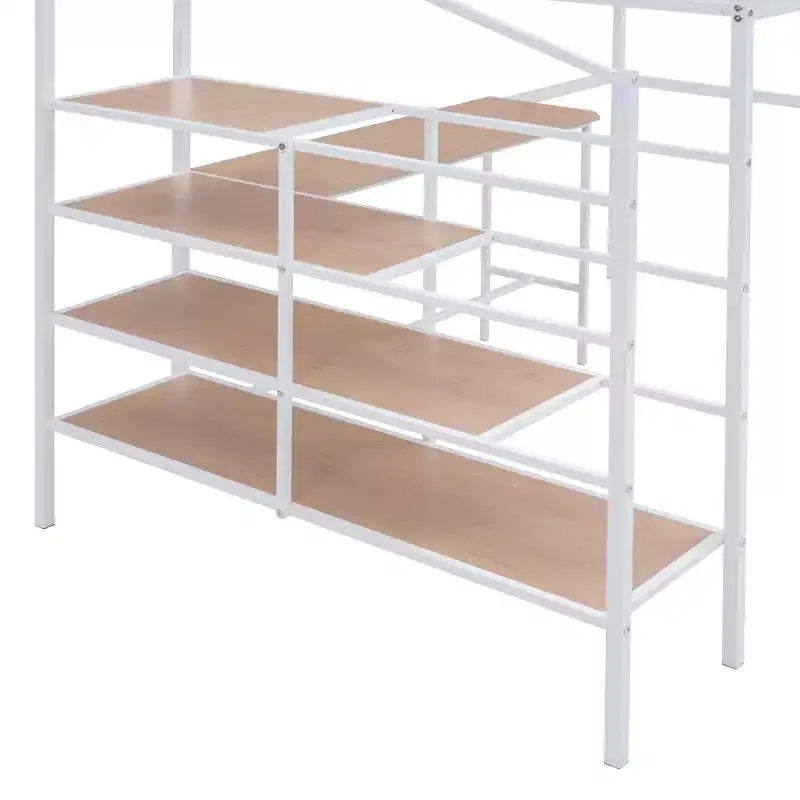 High Full Size Loft Bed with Stairs, Metal Loft Bed with Desk, Full Loft Bed Frame with Lateral Storage Ladder