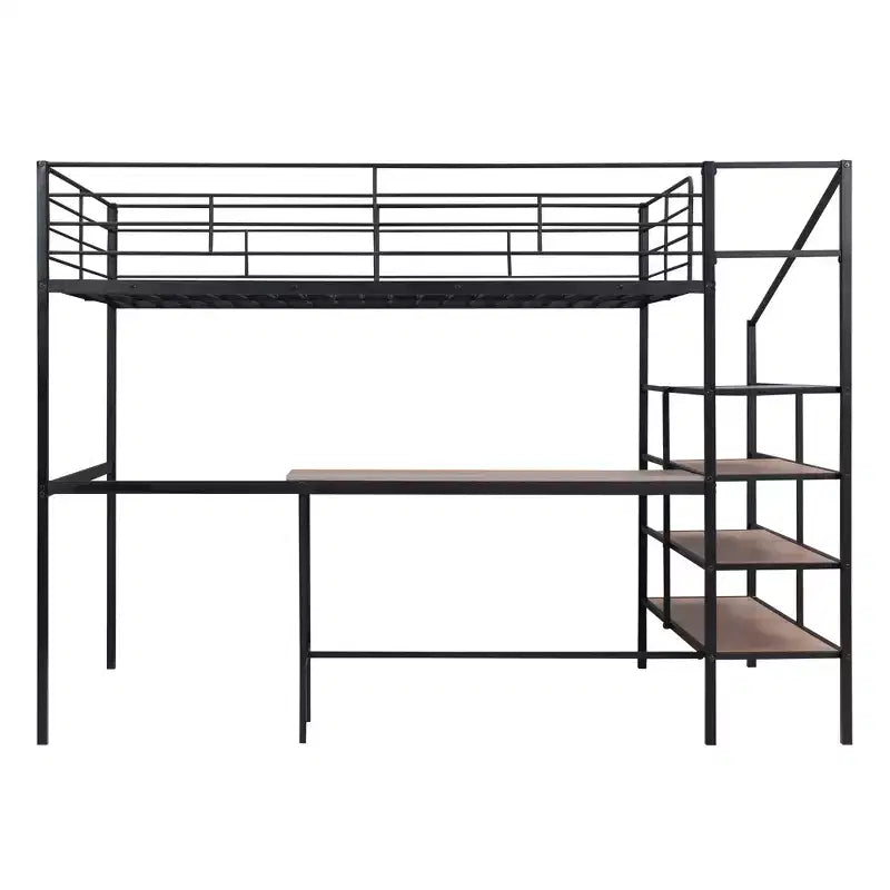 High Full Size Loft Bed with Stairs, Metal Loft Bed with Desk, Full Loft Bed Frame with Lateral Storage Ladder