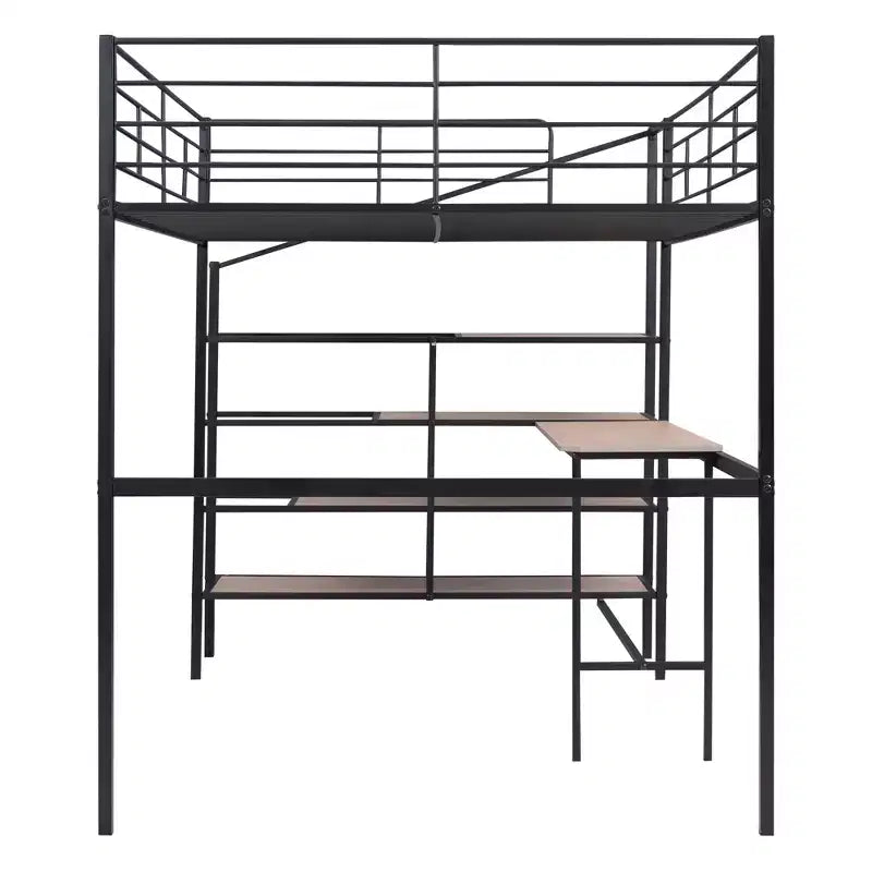 High Full Size Loft Bed with Stairs, Metal Loft Bed with Desk, Full Loft Bed Frame with Lateral Storage Ladder