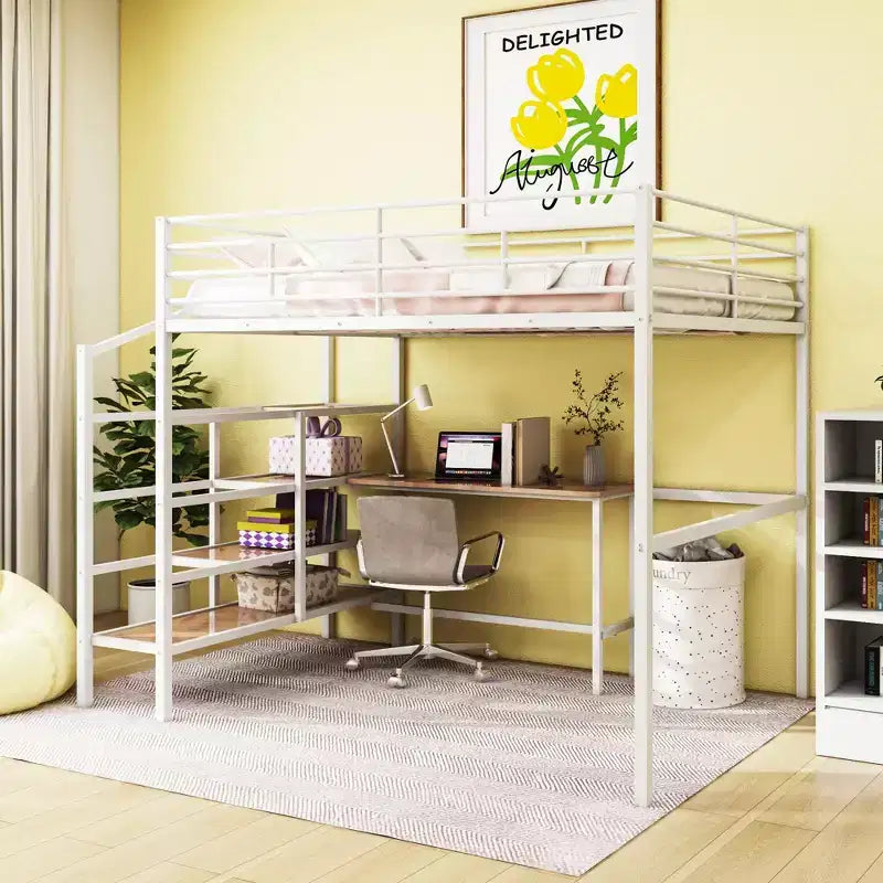 High Full Size Loft Bed with Stairs, Metal Loft Bed with Desk, Full Loft Bed Frame with Lateral Storage Ladder