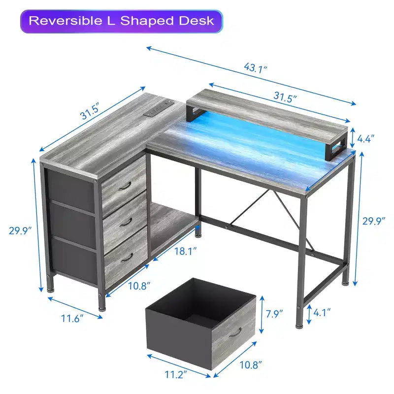 43-inch computer desk, L-shaped desk with socket and light strip, with 3 drawers and monitor stand, reversible, suitable for study and work