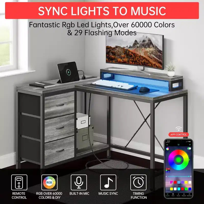 43-inch computer desk, L-shaped desk with socket and light strip, with 3 drawers and monitor stand, reversible, suitable for study and work