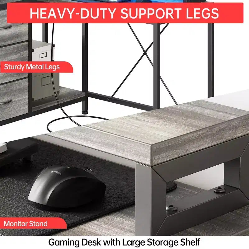 43-inch computer desk, L-shaped desk with socket and light strip, with 3 drawers and monitor stand, reversible, suitable for study and work