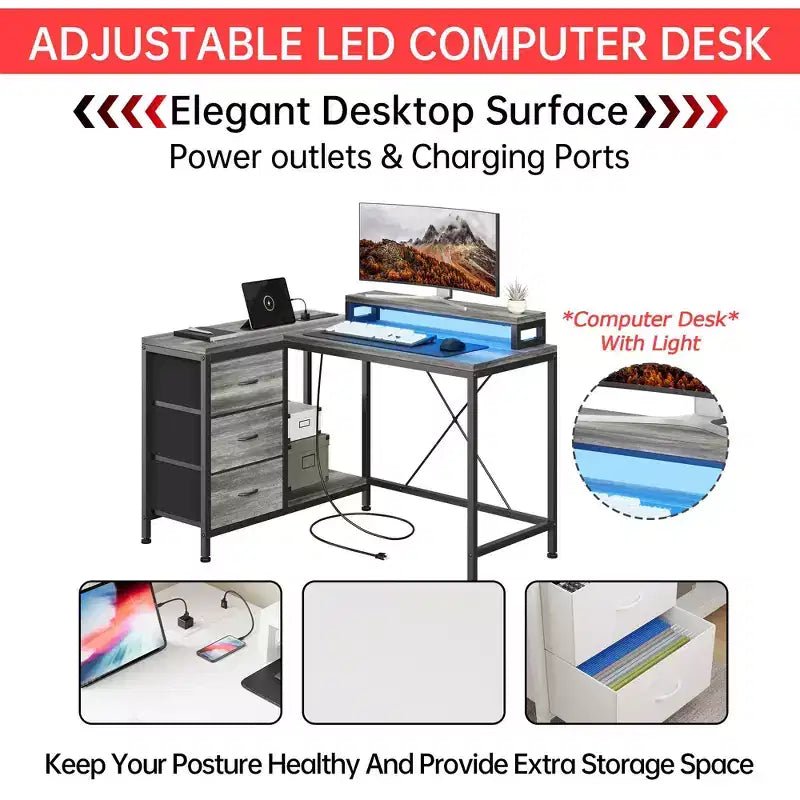 43-inch computer desk, L-shaped desk with socket and light strip, with 3 drawers and monitor stand, reversible, suitable for study and work