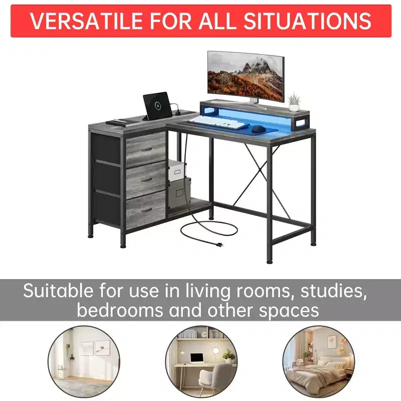 43-inch computer desk, L-shaped desk with socket and light strip, with 3 drawers and monitor stand, reversible, suitable for study and work