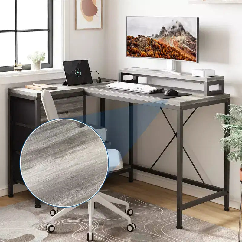 43-inch computer desk, L-shaped desk with socket and light strip, with 3 drawers and monitor stand, reversible, suitable for study and work
