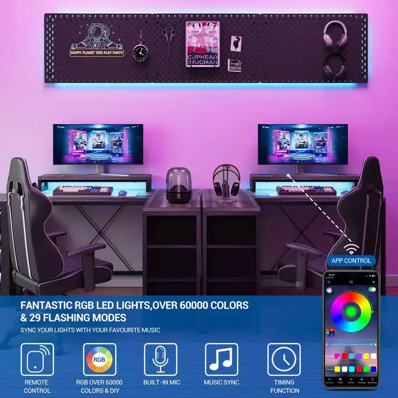 43-inch computer desk, L-shaped desk with socket and light strip, with 3 drawers and monitor stand, reversible, suitable for study and work