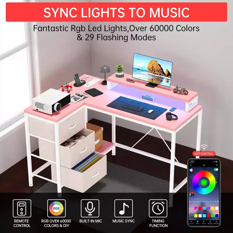 43-inch computer desk, L-shaped desk with socket and light strip, with 3 drawers and monitor stand, reversible, suitable for study and work
