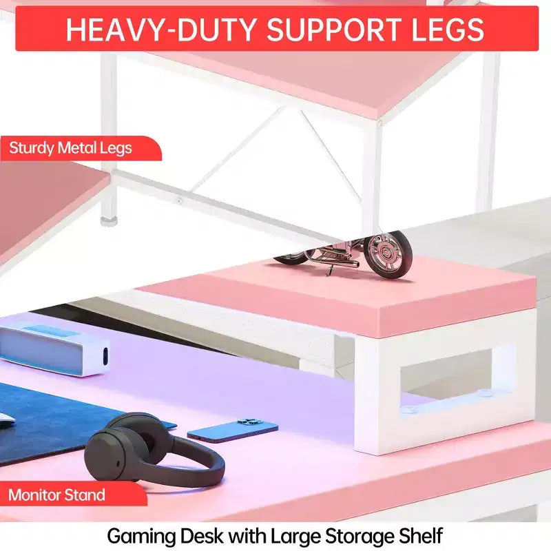 43-inch computer desk, L-shaped desk with socket and light strip, with 3 drawers and monitor stand, reversible, suitable for study and work