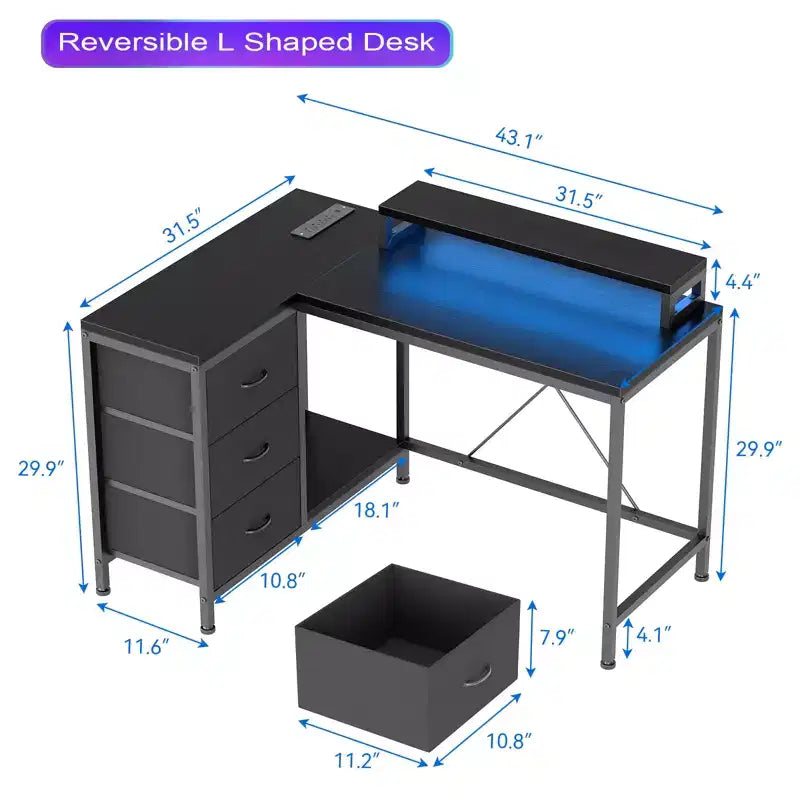 43-inch computer desk, L-shaped desk with socket and light strip, with 3 drawers and monitor stand, reversible, suitable for study and work