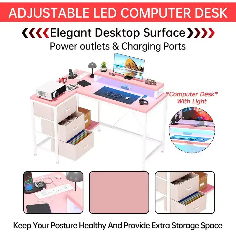 43-inch computer desk, L-shaped desk with socket and light strip, with 3 drawers and monitor stand, reversible, suitable for study and work