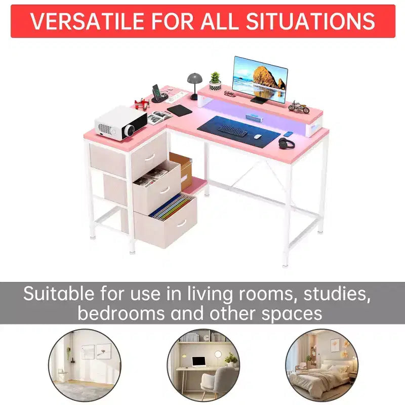 43-inch computer desk, L-shaped desk with socket and light strip, with 3 drawers and monitor stand, reversible, suitable for study and work