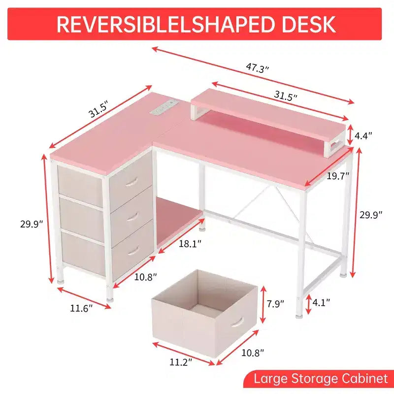 43-inch computer desk, L-shaped desk with socket and light strip, with 3 drawers and monitor stand, reversible, suitable for study and work