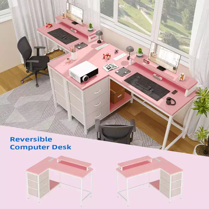 43-inch computer desk, L-shaped desk with socket and light strip, with 3 drawers and monitor stand, reversible, suitable for study and work