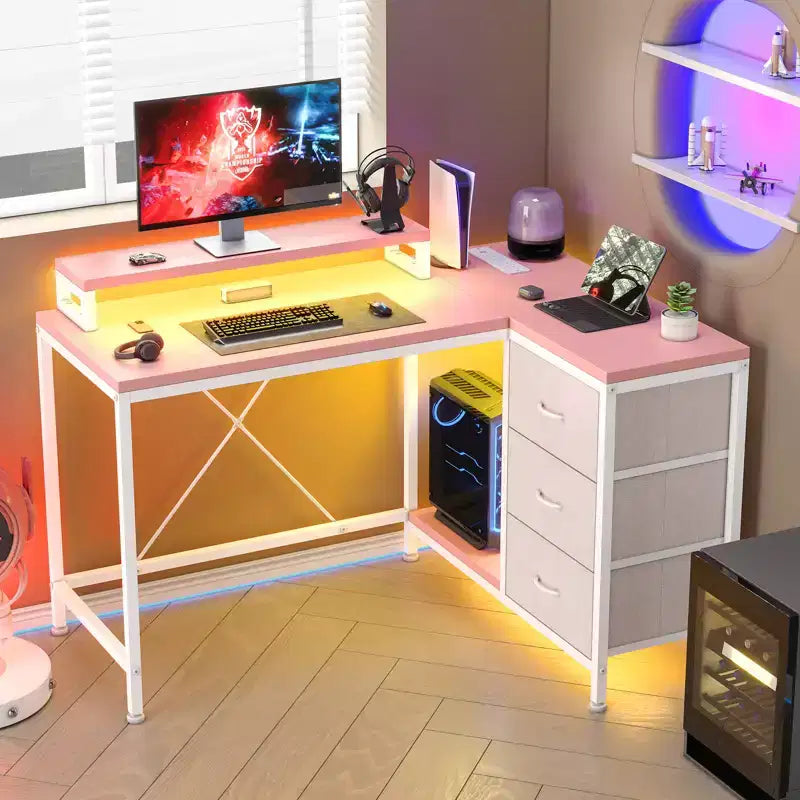 43-inch computer desk, L-shaped desk with socket and light strip, with 3 drawers and monitor stand, reversible, suitable for study and work