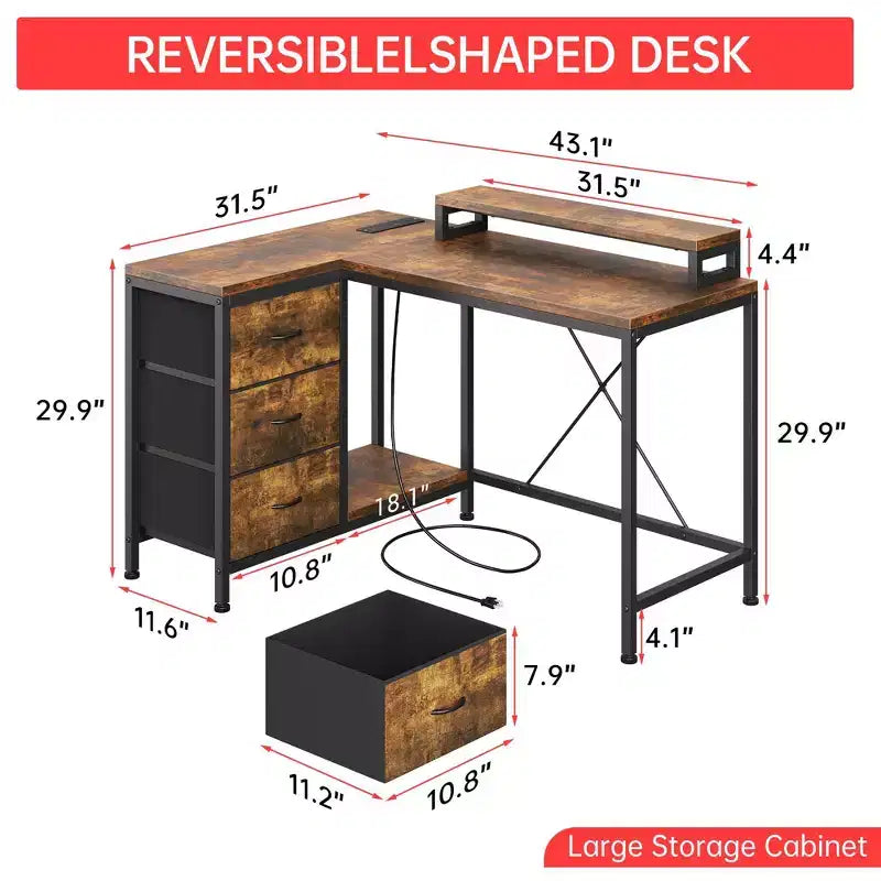 43-inch computer desk, L-shaped desk with socket and light strip, with 3 drawers and monitor stand, reversible, suitable for study and work