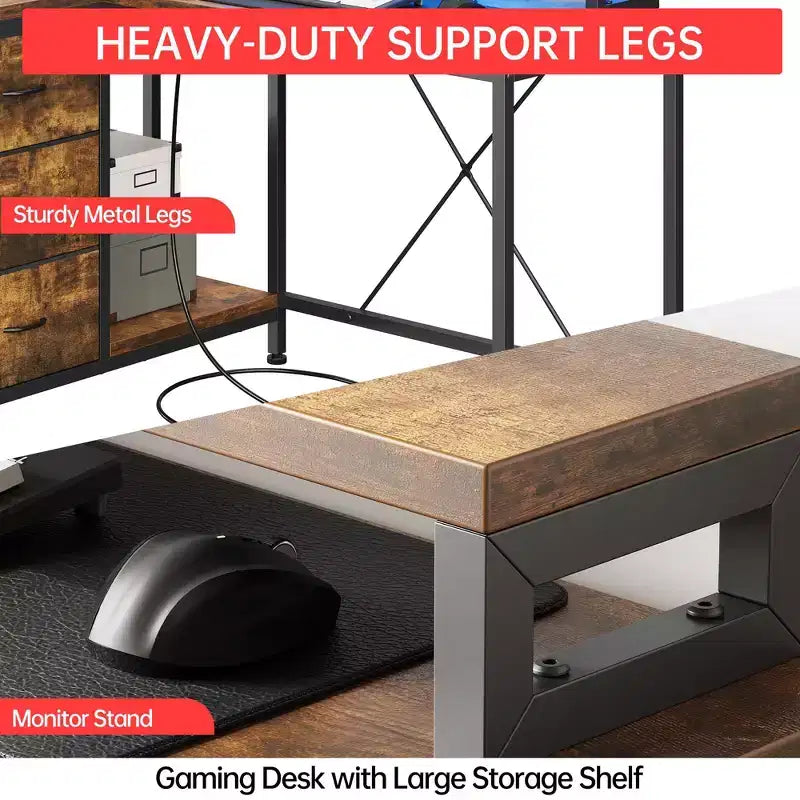 43-inch computer desk, L-shaped desk with socket and light strip, with 3 drawers and monitor stand, reversible, suitable for study and work