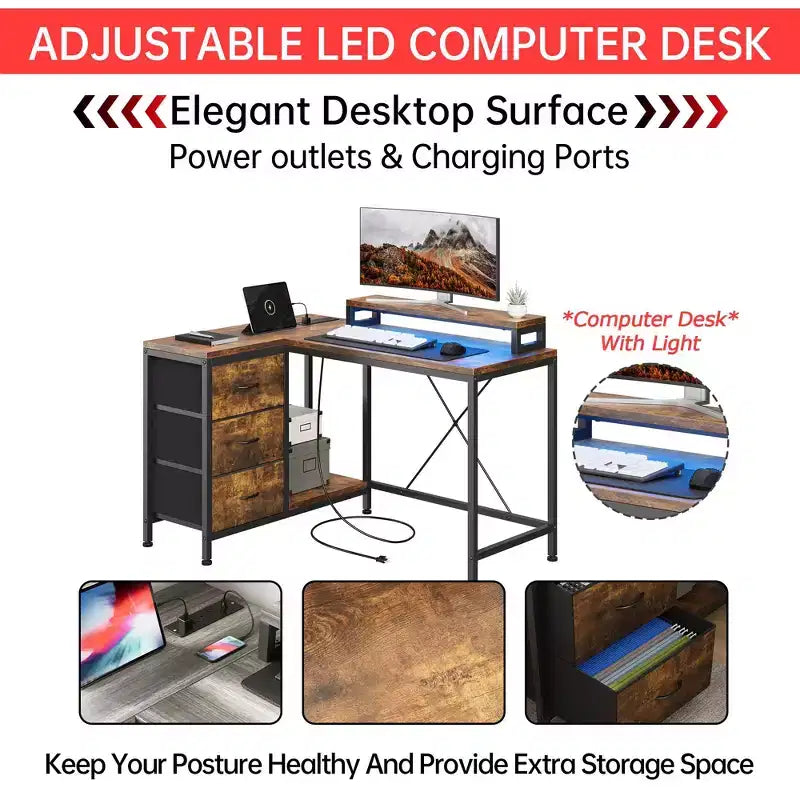 43-inch computer desk, L-shaped desk with socket and light strip, with 3 drawers and monitor stand, reversible, suitable for study and work
