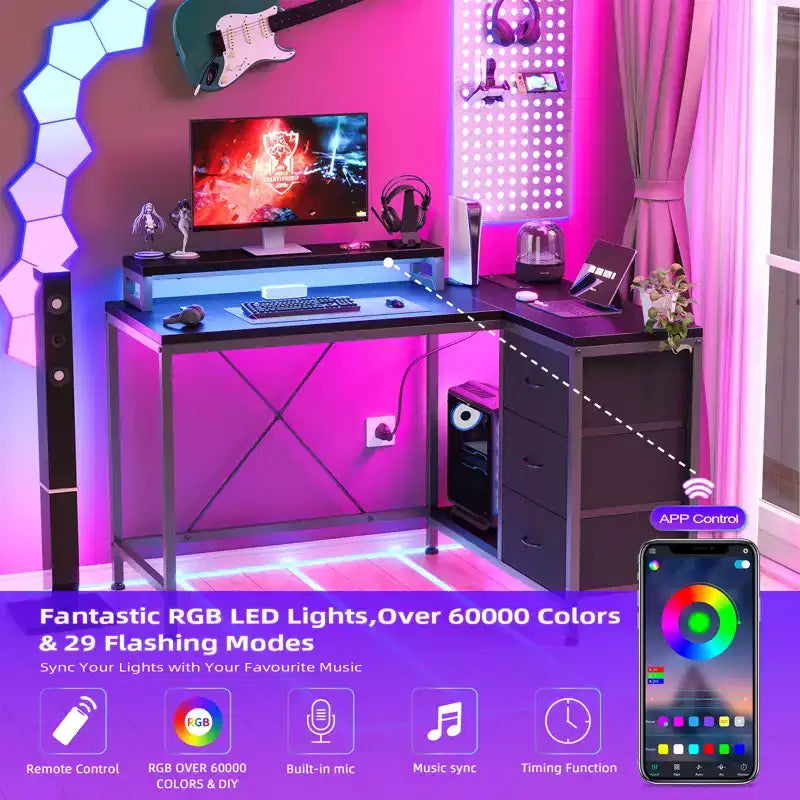 43-inch computer desk, L-shaped desk with socket and light strip, with 3 drawers and monitor stand, reversible, suitable for study and work