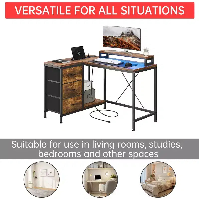 43-inch computer desk, L-shaped desk with socket and light strip, with 3 drawers and monitor stand, reversible, suitable for study and work