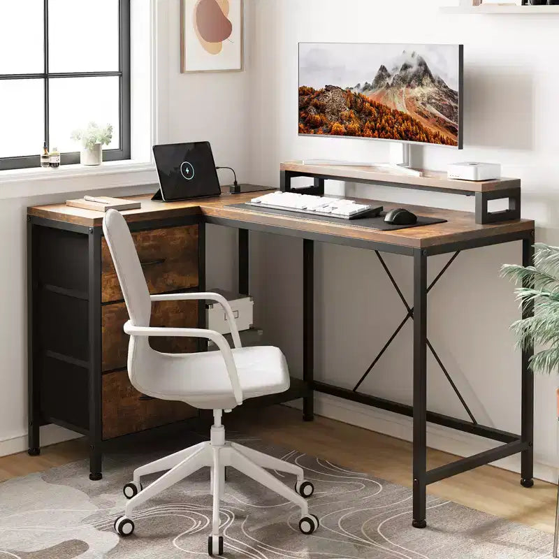 43-inch computer desk, L-shaped desk with socket and light strip, with 3 drawers and monitor stand, reversible, suitable for study and work