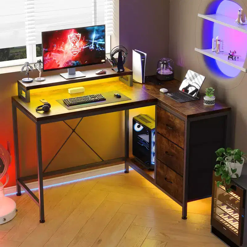 43-inch computer desk, L-shaped desk with socket and light strip, with 3 drawers and monitor stand, reversible, suitable for study and work