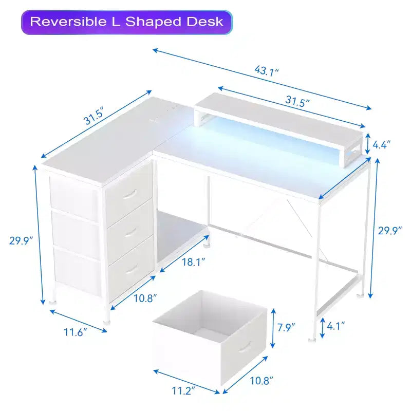 43-inch computer desk, L-shaped desk with socket and light strip, with 3 drawers and monitor stand, reversible, suitable for study and work