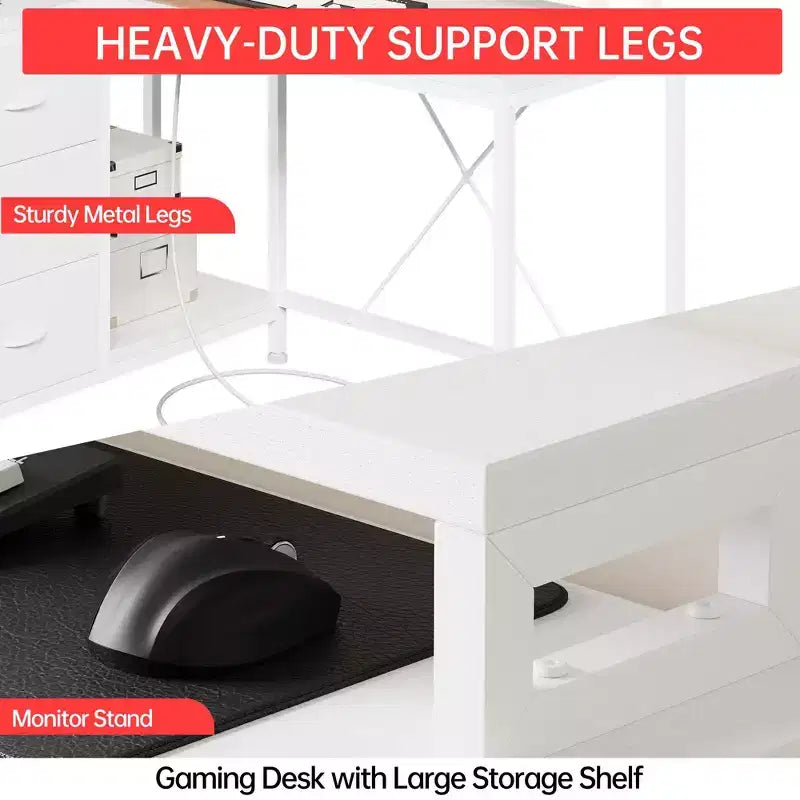 43-inch computer desk, L-shaped desk with socket and light strip, with 3 drawers and monitor stand, reversible, suitable for study and work