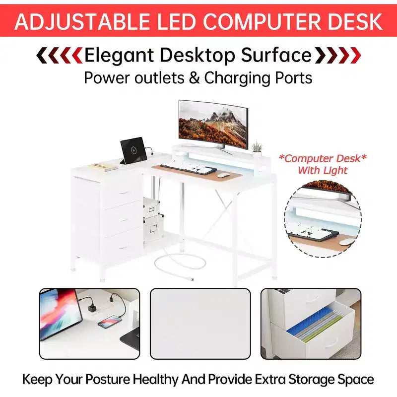 43-inch computer desk, L-shaped desk with socket and light strip, with 3 drawers and monitor stand, reversible, suitable for study and work