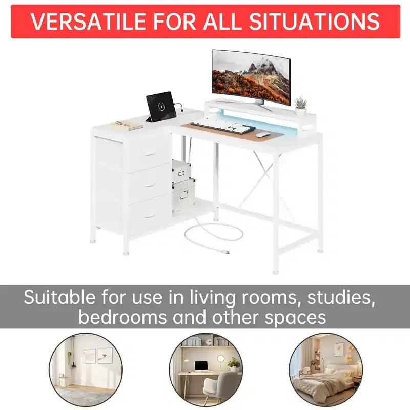 43-inch computer desk, L-shaped desk with socket and light strip, with 3 drawers and monitor stand, reversible, suitable for study and work