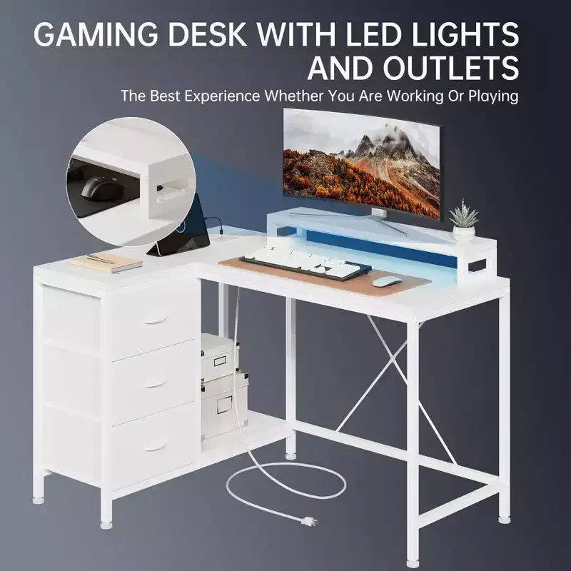 43-inch computer desk, L-shaped desk with socket and light strip, with 3 drawers and monitor stand, reversible, suitable for study and work