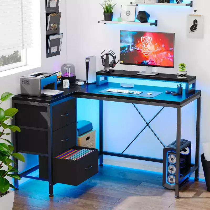 43-inch computer desk, L-shaped desk with socket and light strip, with 3 drawers and monitor stand, reversible, suitable for study and work