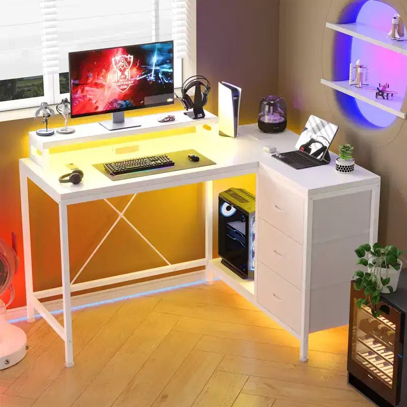 43-inch computer desk, L-shaped desk with socket and light strip, with 3 drawers and monitor stand, reversible, suitable for study and work
