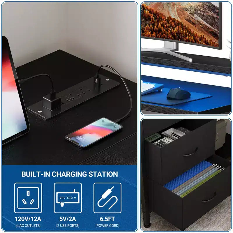 43-inch computer desk, L-shaped desk with socket and light strip, with 3 drawers and monitor stand, reversible, suitable for study and work