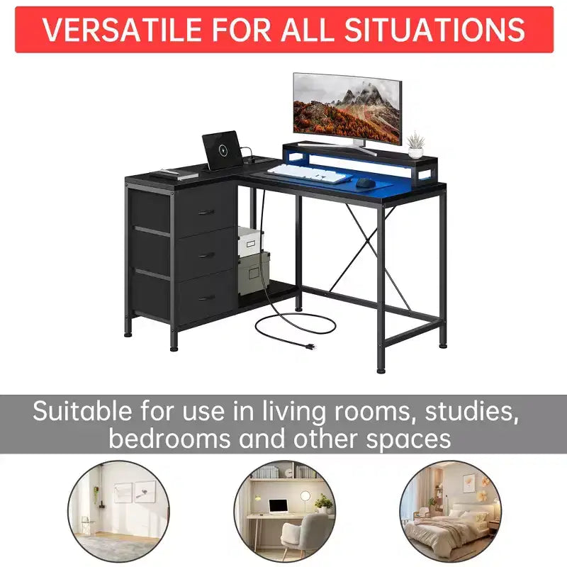 43-inch computer desk, L-shaped desk with socket and light strip, with 3 drawers and monitor stand, reversible, suitable for study and work
