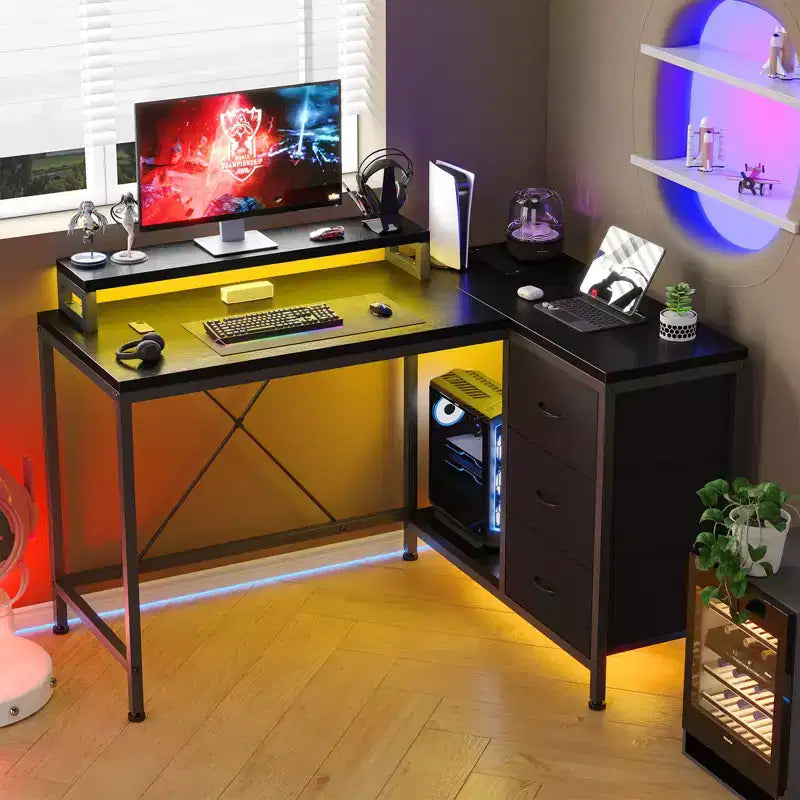 43-inch computer desk, L-shaped desk with socket and light strip, with 3 drawers and monitor stand, reversible, suitable for study and work